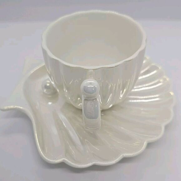 Ceramic Shiny Silver White Tea Cup & Shiny Seashell Saucer Set - Picture 6 of 8